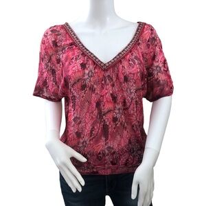 FREE PEOPLE Blouse XS Red Floral Sheer Embroidered Boho‎ Fairy Scandinavian